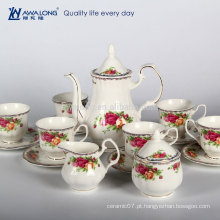 Rose Pattern Plain Design Royal Set de café de porcelana estilo conjunto de chá, Gift Box Set de café de embalagem